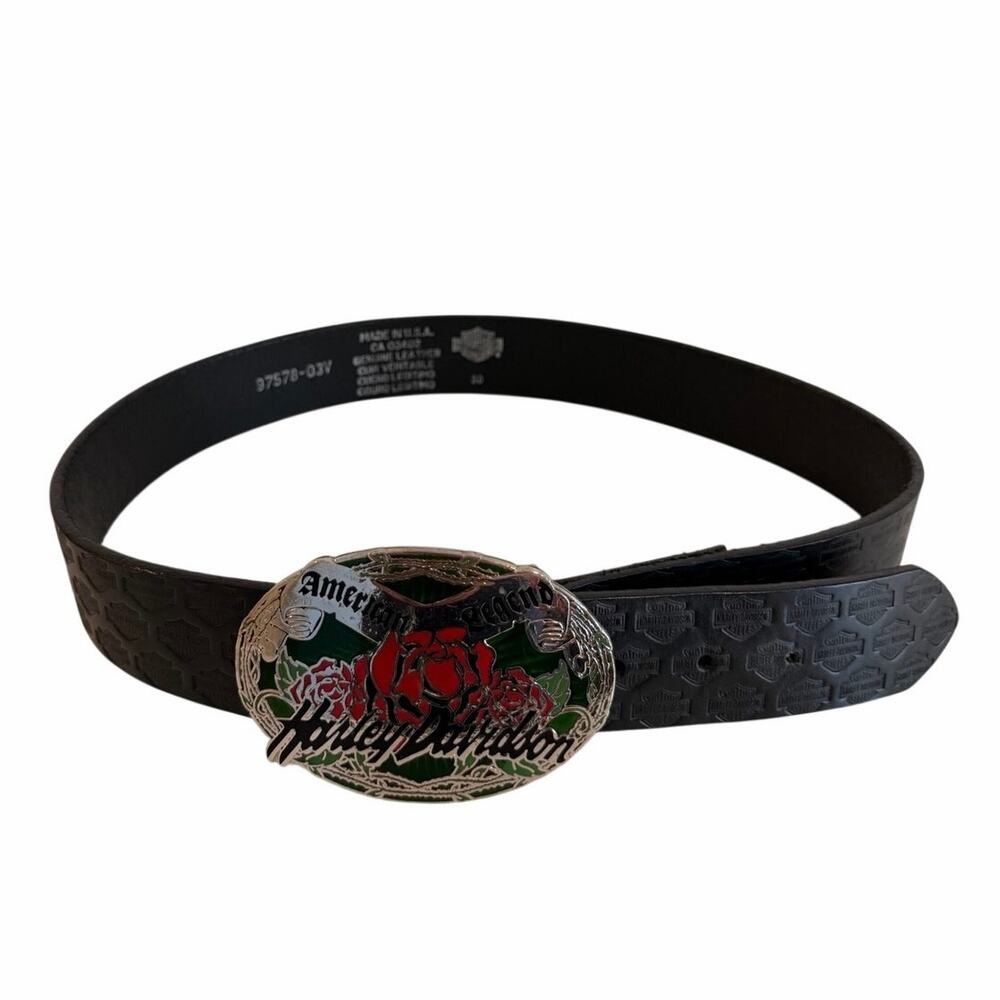Y2K Harley Davidson Black Leather Belt Sz 30 Silver Color Rose Belt Buckle 2005